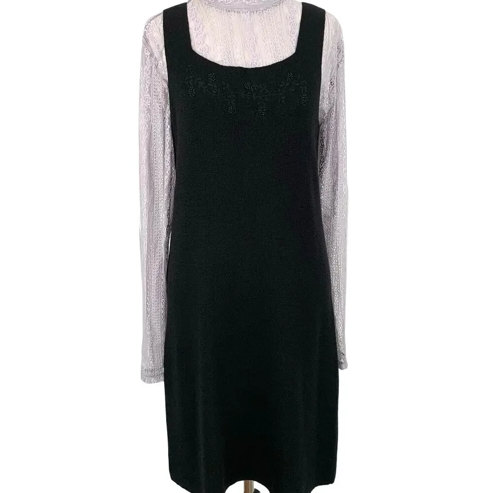DKNY Women Vintage Wool Black Sleeveless Beaded Sweater Dress Whimsigoth Small - Picture 8 of 8